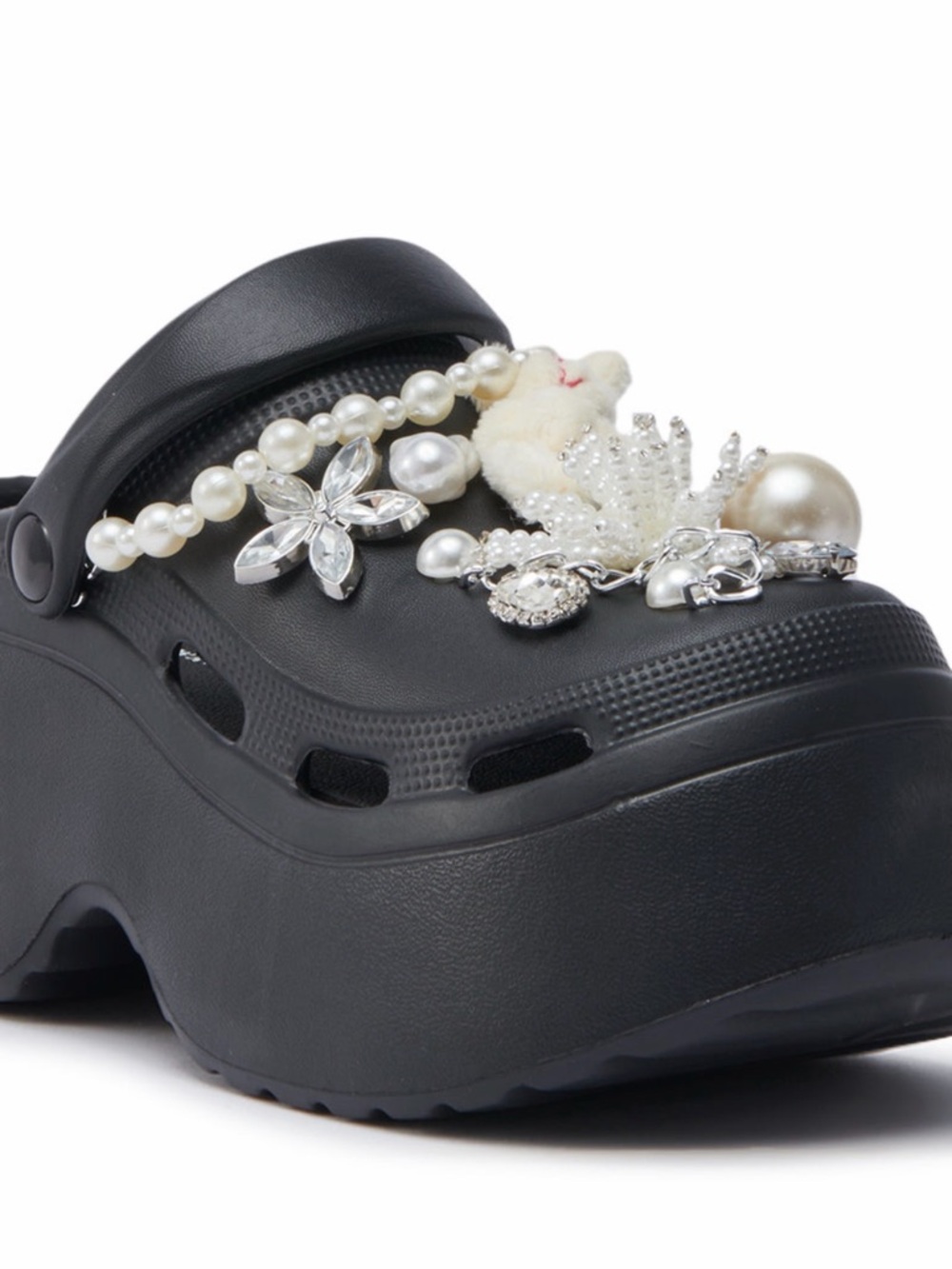 Black Platform Clog Mules with Pearl & Charm Embellishments - Picture 5 of 6